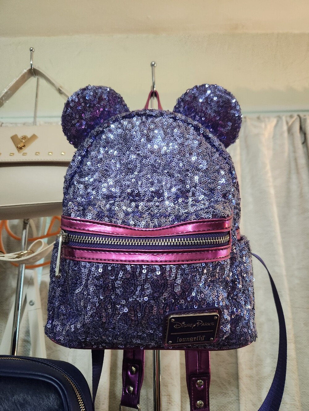 Loungefly Disney parks purple sequin backpack